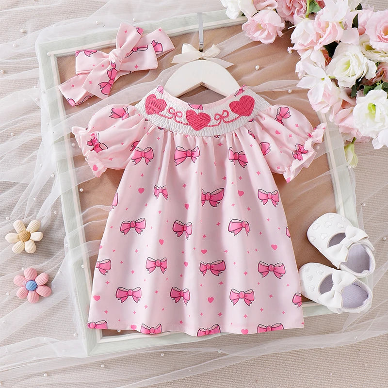 Baby Girls Summer Dress Set - Puff Sleeve Heart & Bow Embroidery with Headband