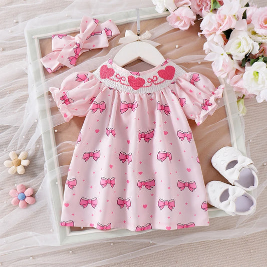 Baby Girls Summer Dress Set - Puff Sleeve Heart & Bow Embroidery with Headband