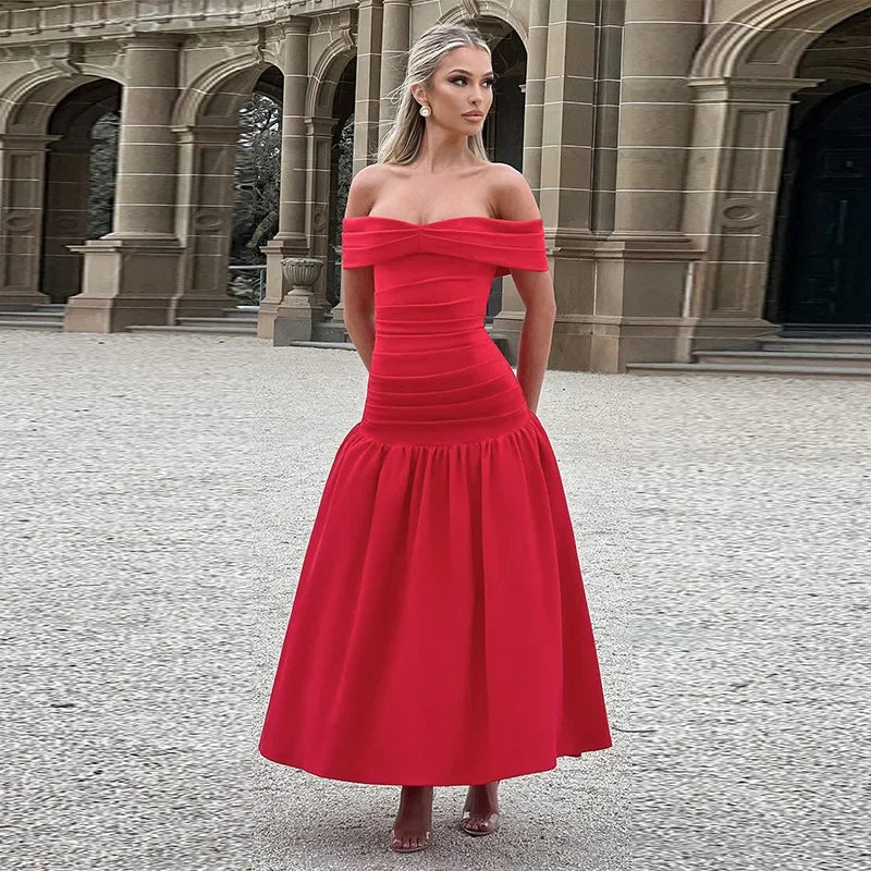 Women's Ruched One-Shoulder Party Long Sleeveless High Waist A-Line Dress