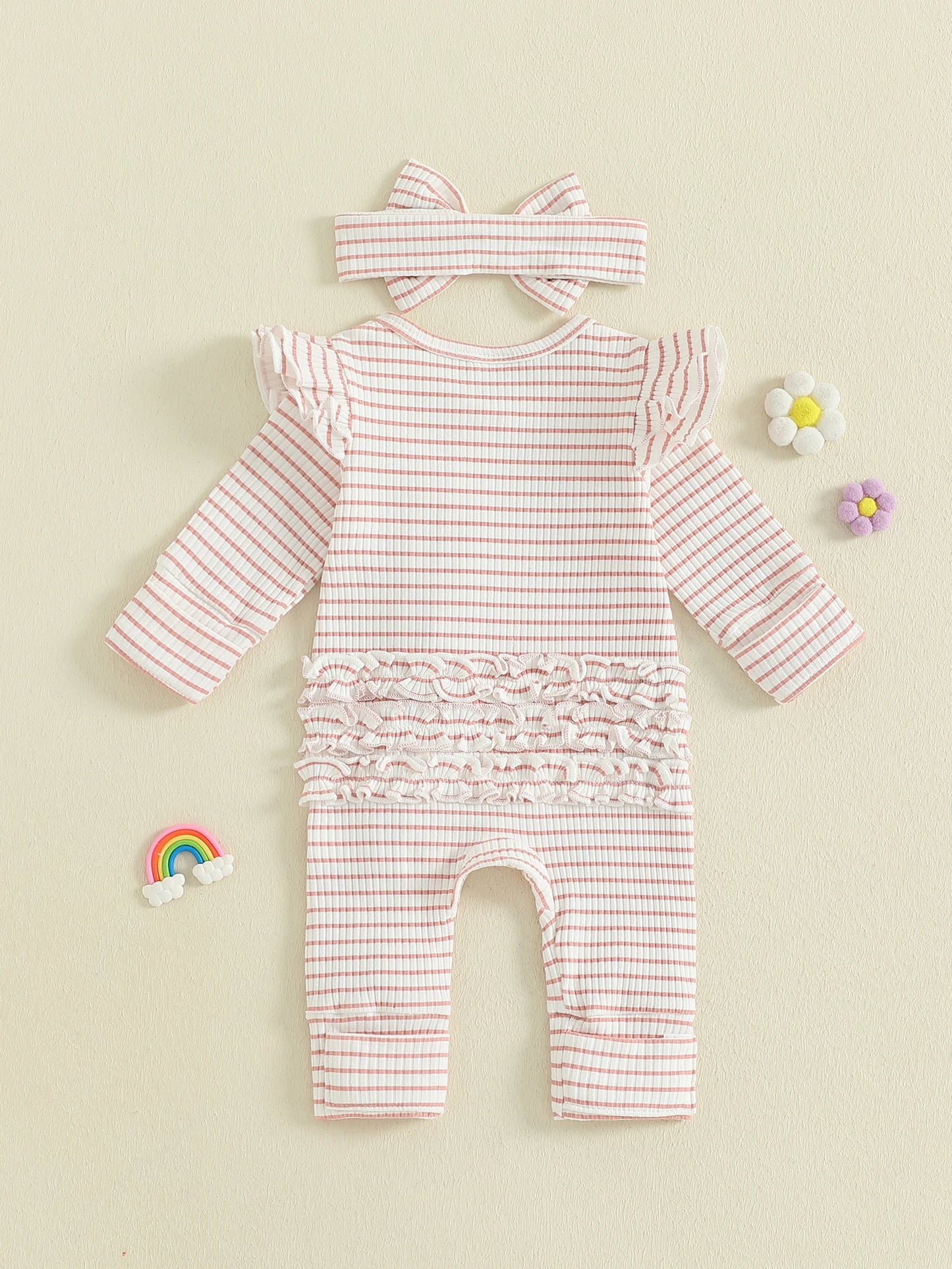 Newborn Baby 2-Piece Romper Outfit Set - Striped Jumpsuit with Headband