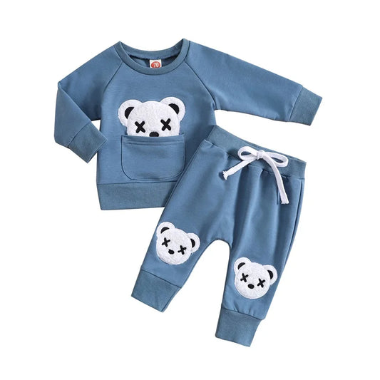 Toddler Boy's 2-Piece Outfit Set - Bear Embroidery Pullover & Drawstring Pants