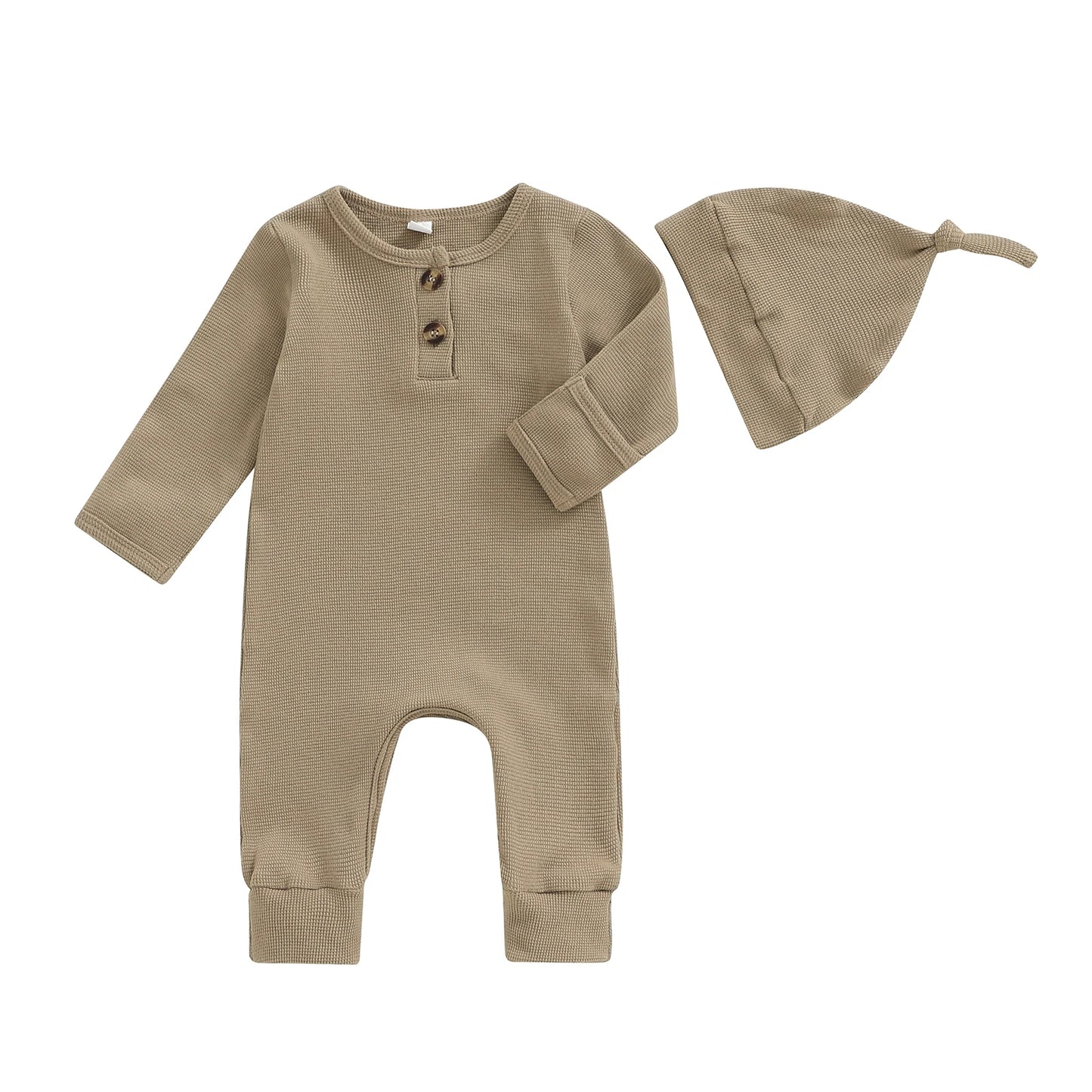 Newborn Baby Fall Winter Romper - Long Sleeve Solid Jumpsuit with Hat (0-6M)