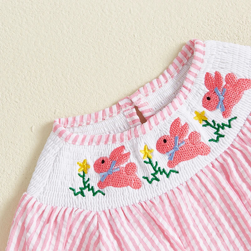 Baby Girls Easter Rabbit Embroidery Romper Dress - Striped Puff Sleeve Outfit