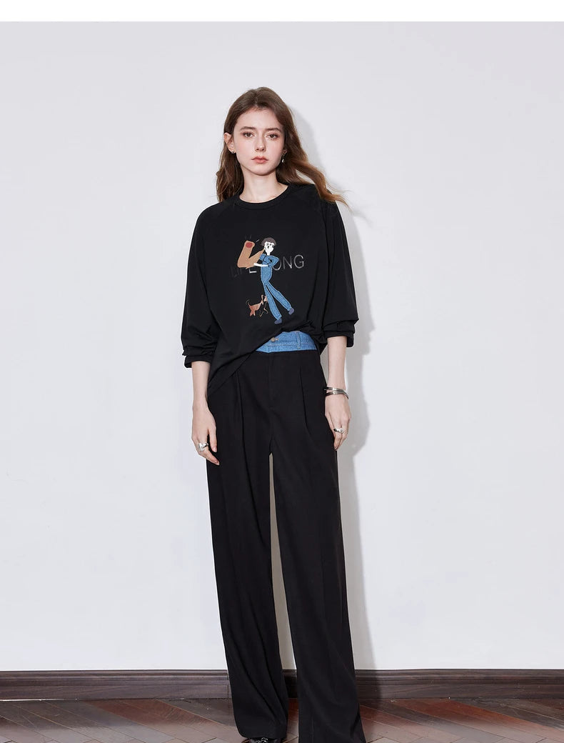 Women's Long Sleeve Lyocell Denim Patchwork Embroidery Cotton Pullover T-Shirt