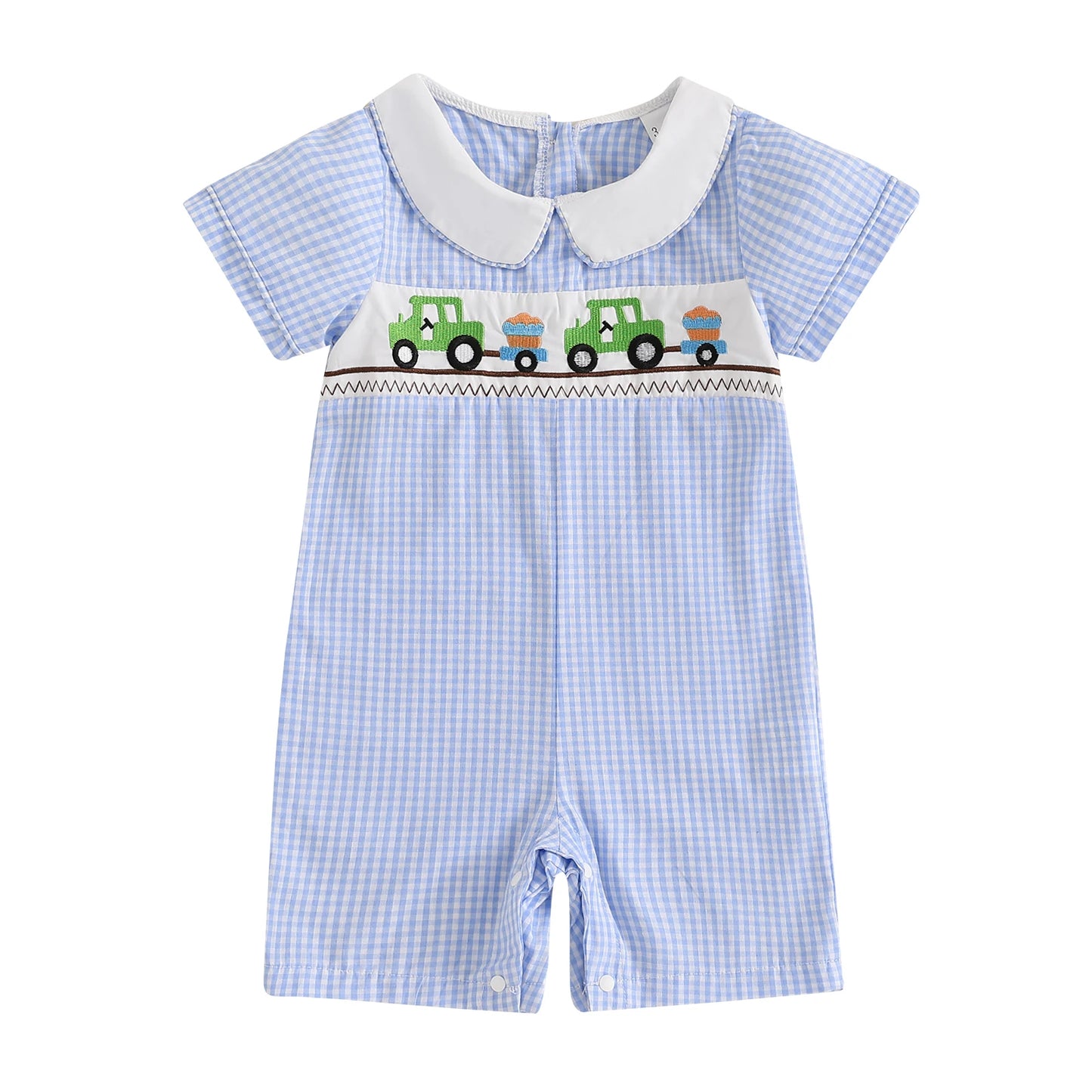Baby Boys Romper - Doll Collar Golf Embroidery Plaid Jumpsuit