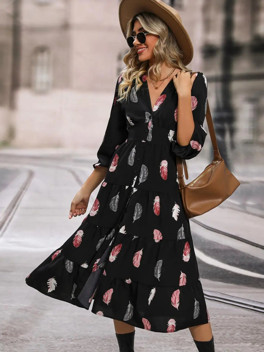 Women's Autumn Winter Casual Print Single Breasted Short Sleeve V Neck High Waist Dress