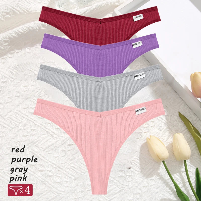 Women's 4Pcs Cotton Striped Solid Underwear V Waist G-string Panties Comfortable Soft T-back Bikini