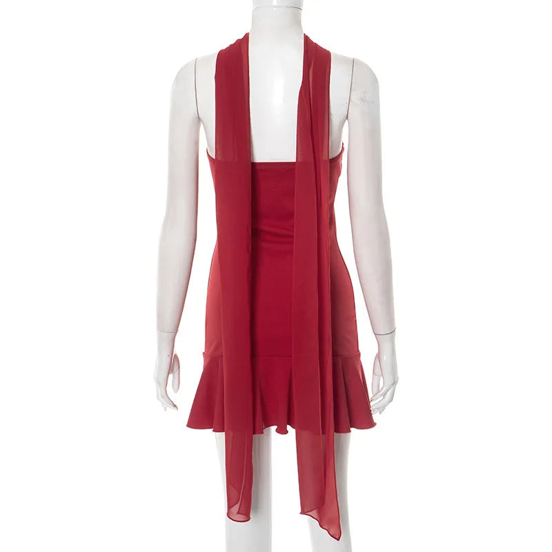 Women's Ruffled Strapless Mini Dress - Red Backless Bodycon with Neck Scarf