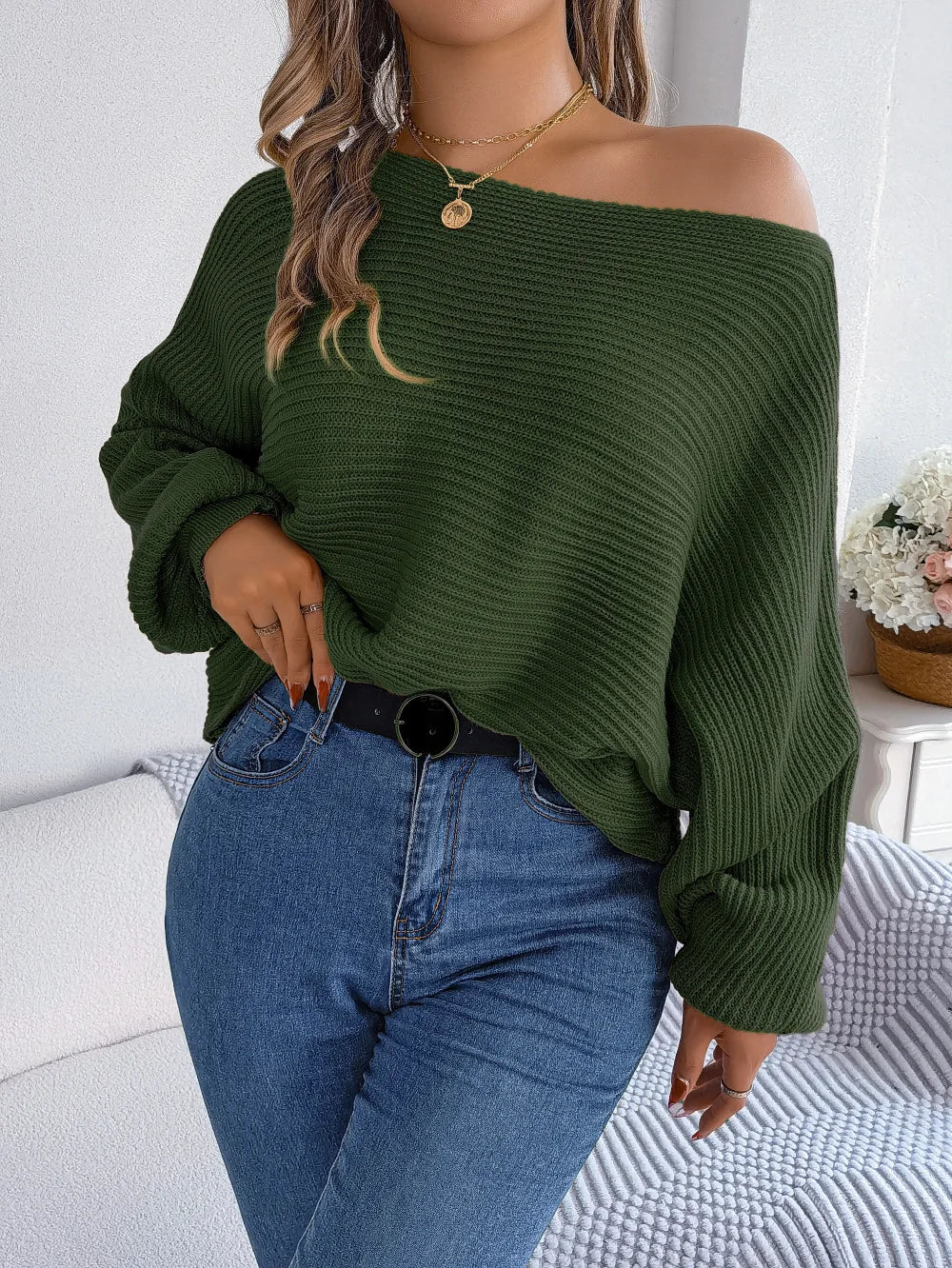 Women's Off the Shoulder Bat Sleeve Jumper - Stylish Winter Sweater