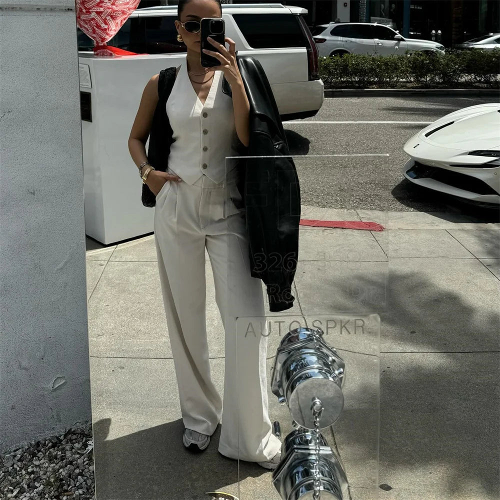 Women's Solid Colour Backless Hanging Neck Collar Vest Long Trousers Set