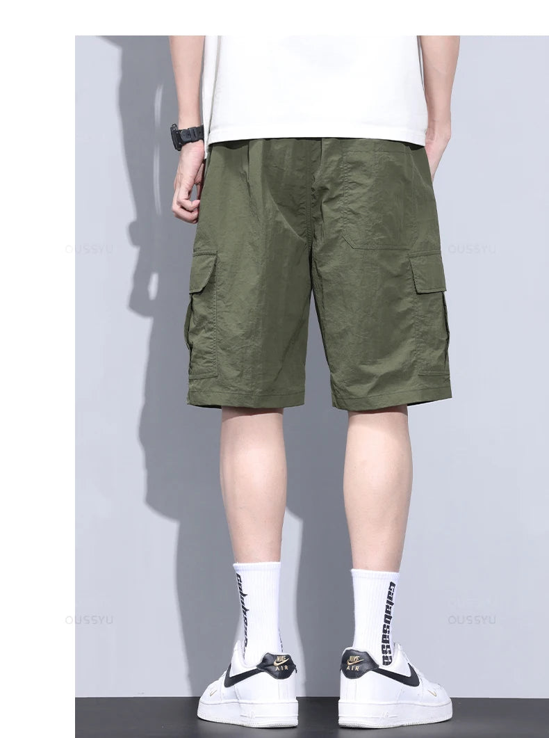 Summer Ultrathin Shorts Pants Men Cargo Work Side Pockets Joggers Grey Bermuda Knee Beach Nylon Short Pant Male Big Size M-5XL