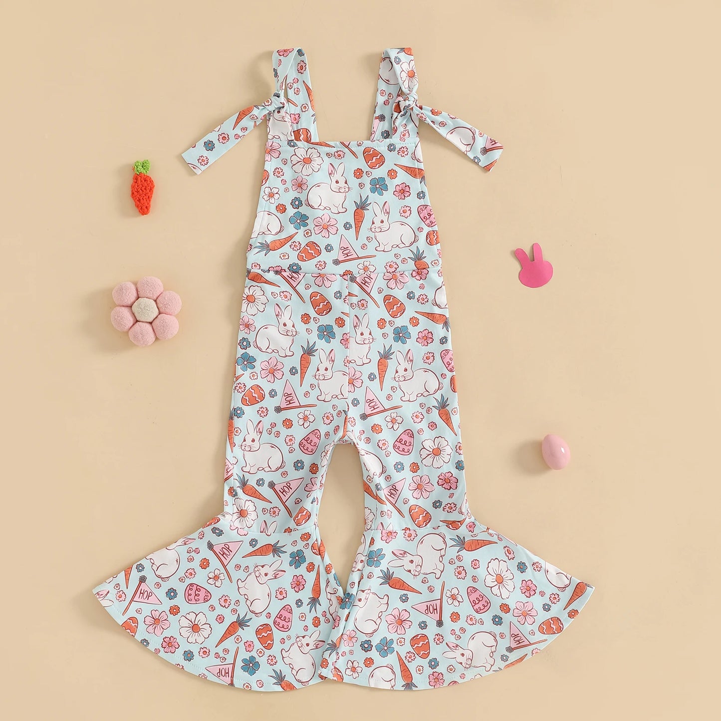 Girls' Easter Romper Pants - Sleeveless Floral Rabbit Print Suspender Jumpsuit