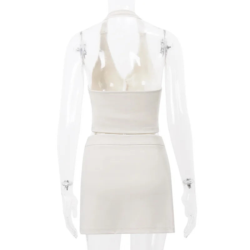Women's Halter Deep V Cute Co-ord Set Elegant Outfits Single Breasted Waistcoat Top and Skirt 2 Piece Set