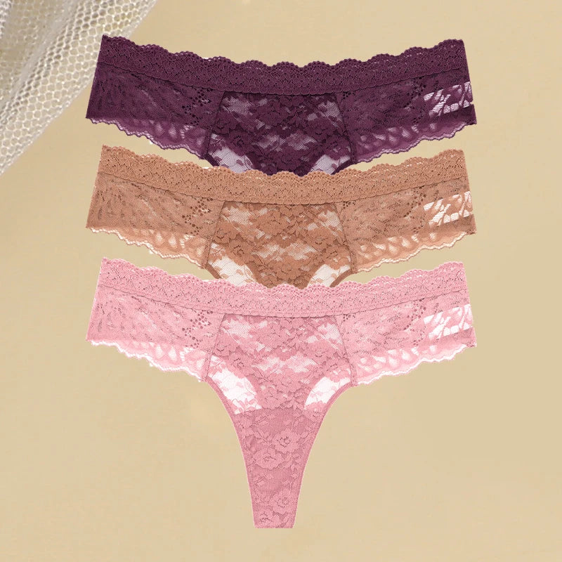 3Pcs Women's Lace Hollow Out Underwear Floral Print Panties Low-Waist Thong Breathable G-string Lingerie