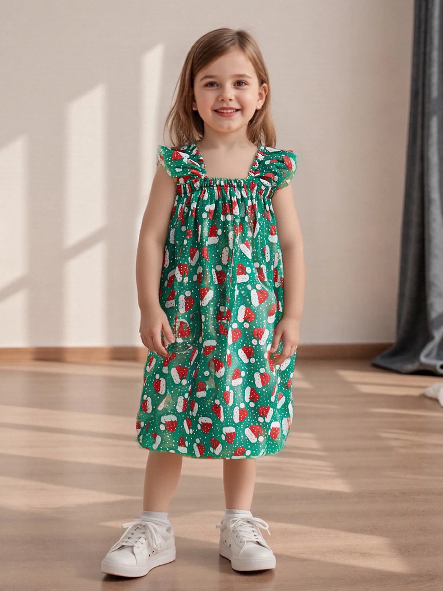 Toddler Girls' Christmas Tulle Dress - Santa Hat Print Sleeveless A-Line Party Dress