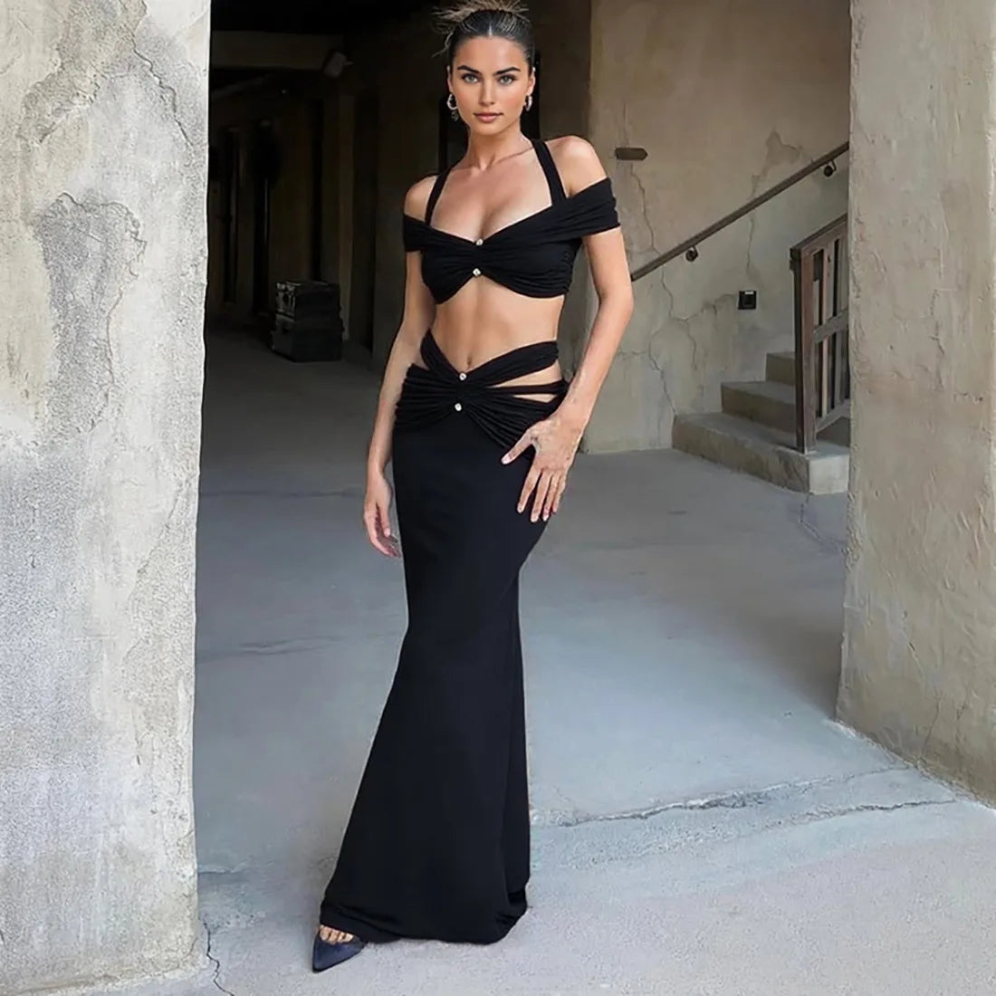 Women's Elegant Ruched Cut Out 2 Piece Dress Set - Halter Top & Maxi Skirt