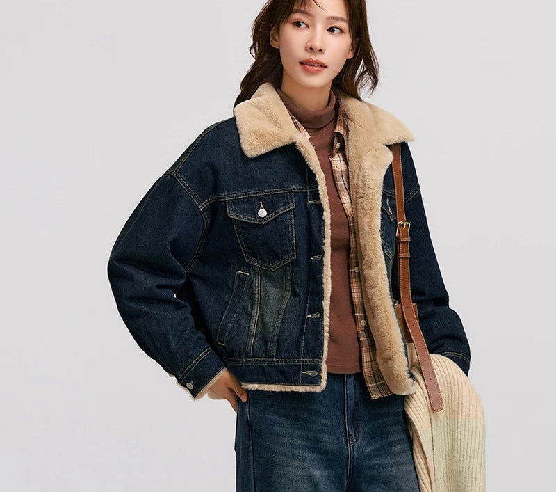 Denim Jacket Women Patchwork Imitation Rabbit Fur Lapel Loose Winter Quilted Jacket