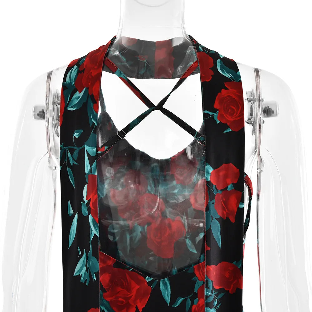 Women's Floral Print V Neck Scarf Draped Maxi Summer Backless Outfit Party Dress