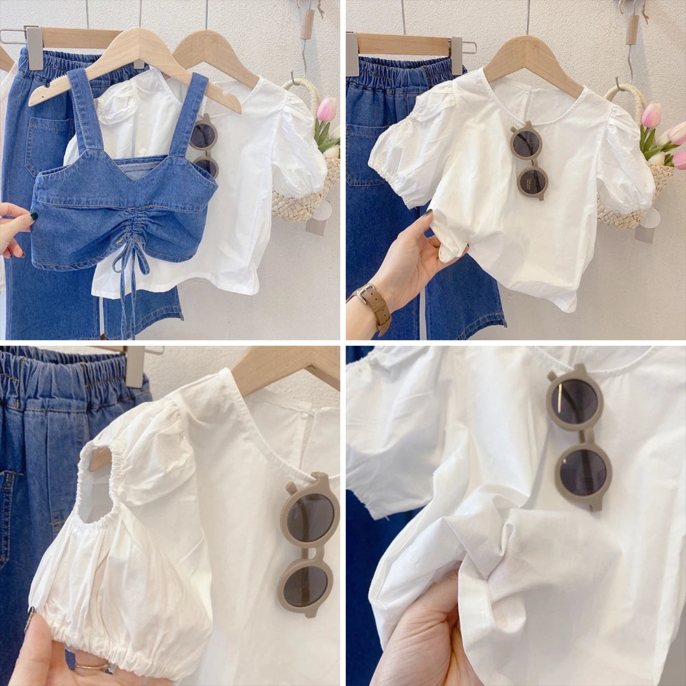 Girls' Set Summer Round Neck Short Sleeve Shirt with Denim Tank Top and Pants Three Piece  Set