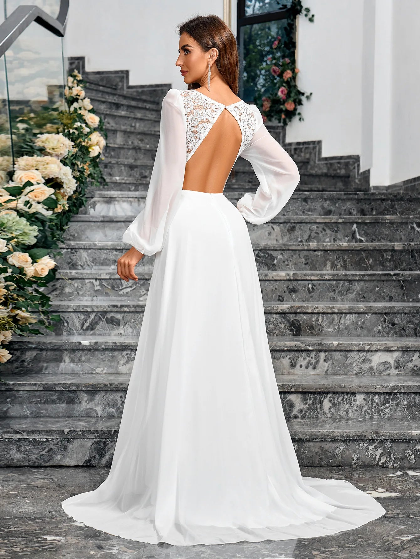 Women's Long Sleeve Deep V Neck Lace Backless Floor Length Dress