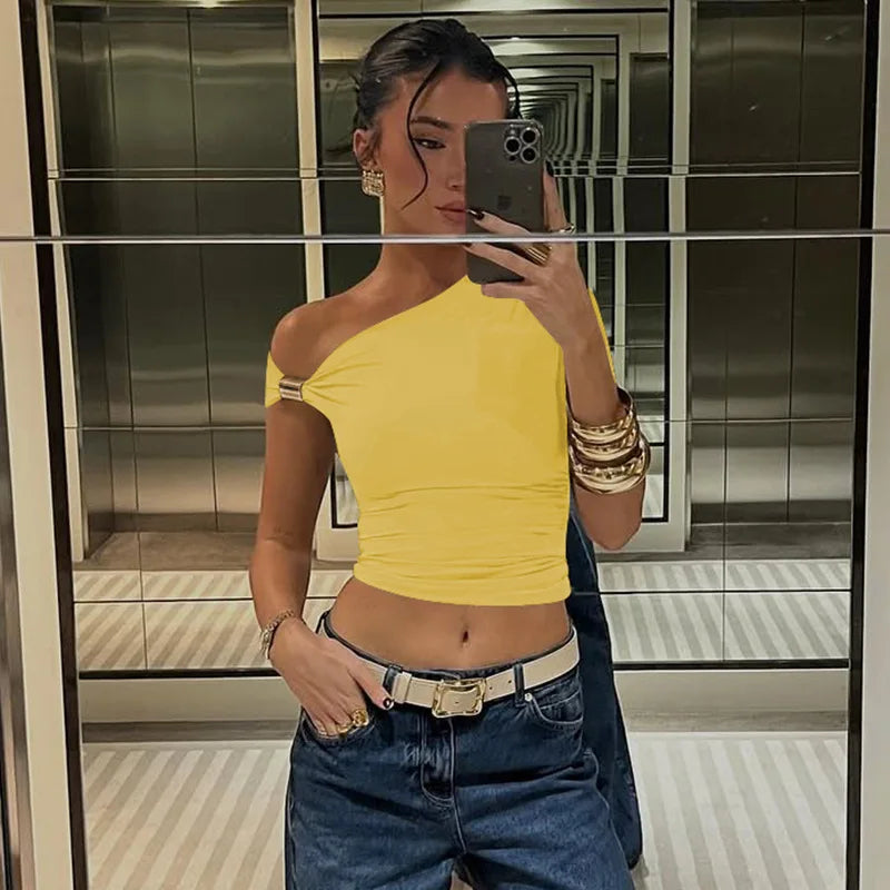 Women's One Shoulder Asymmetrical Summer Fashion Outfit Embellished Backless Cropped Top