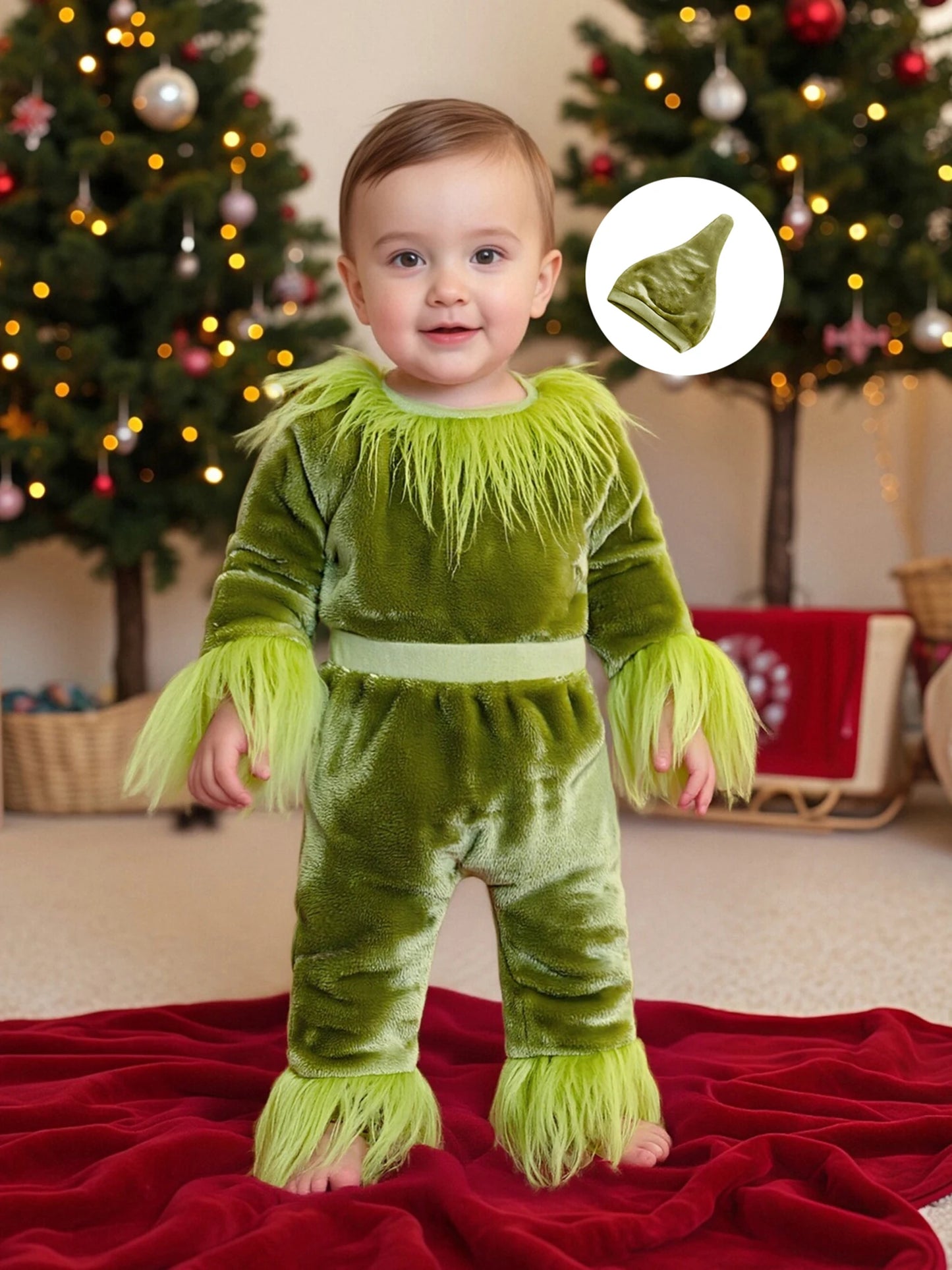 Baby Halloween 3-Piece Outfit Set - Plush Romper, Pants & Hat (0-18M)