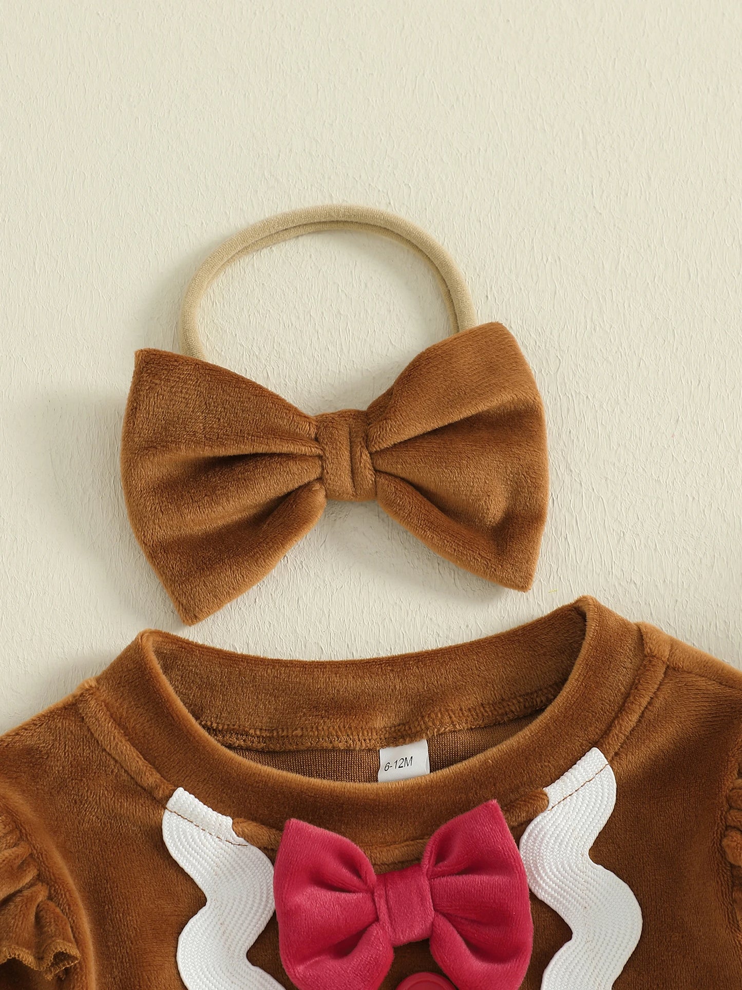 Baby Girls Christmas Gingerbread Man Romper Dress with Bow Headband (0-18M)