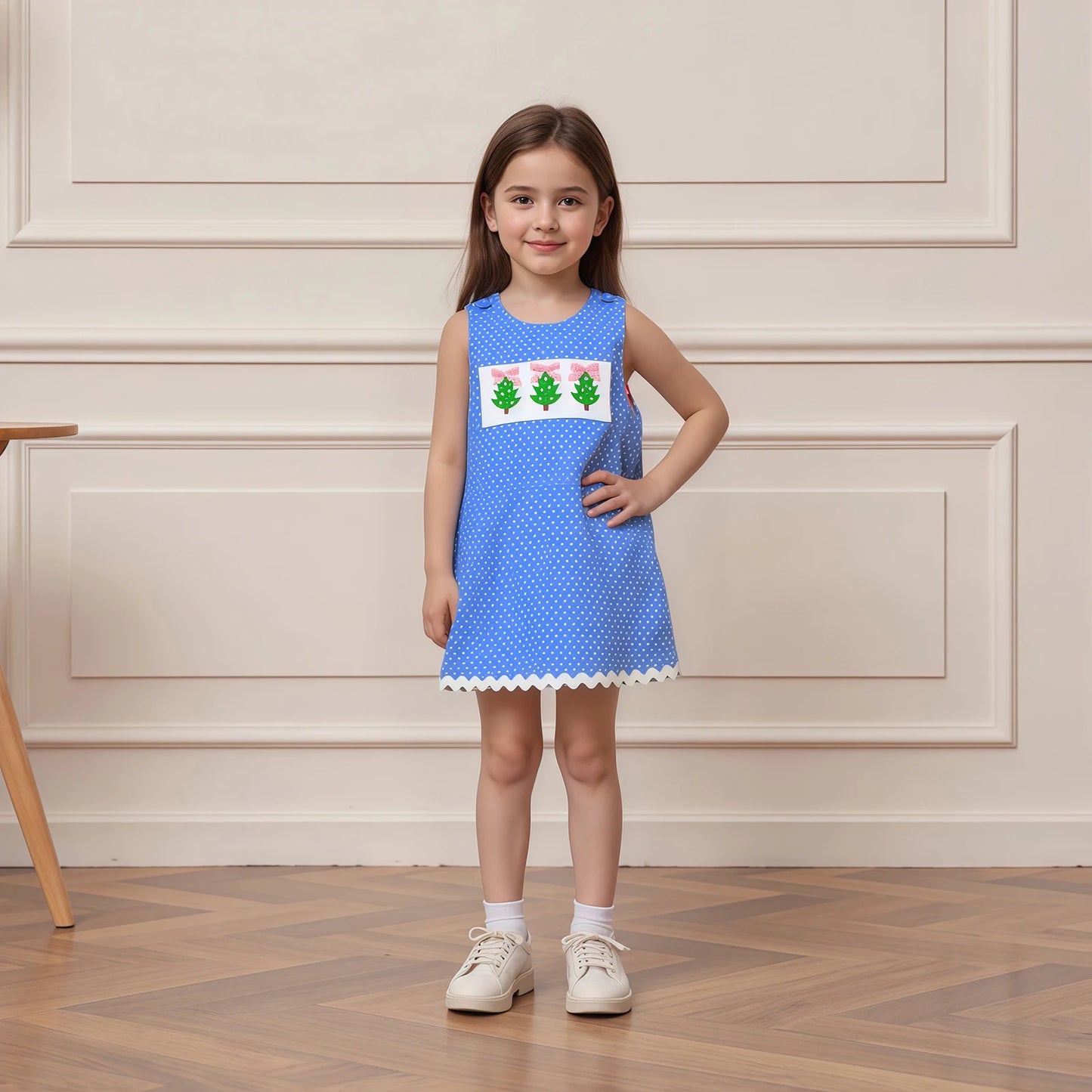 Girls' Christmas Tank Dress - Sleeveless Plaid Dress with Embroidered Tree Design