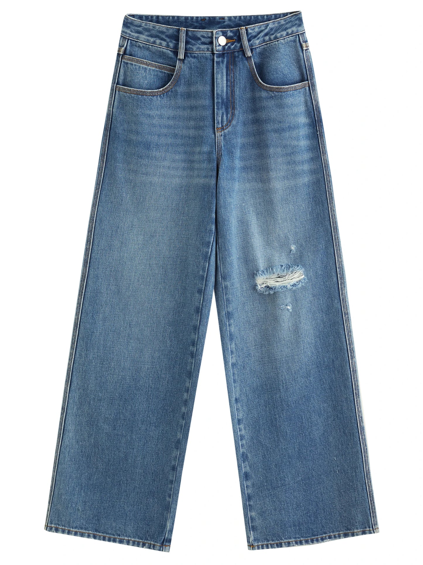 Women's High Waist Ripped Jeans - Straight Leg Non-Stretch Casual Denim Trousers