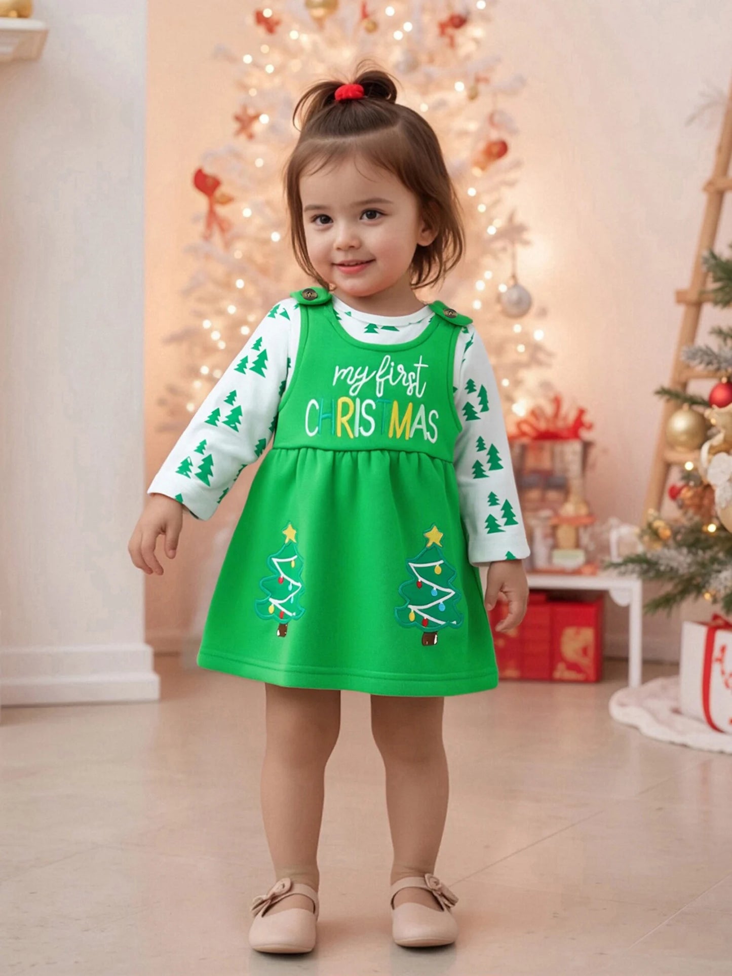 Baby Girls Christmas Clothes Set - Xmas Tree Print Long Sleeve Romper & Letter Embroidery Sleeveless Dress