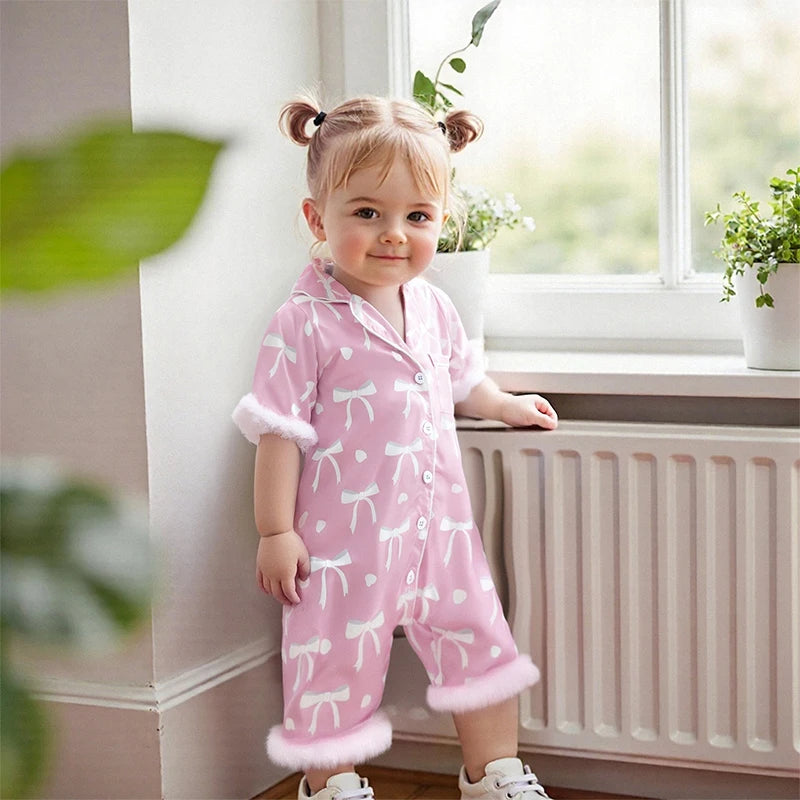 Baby Girls' Satin Romper Pajamas - Bow Print Feather Cuffs Short Sleeve Lapel Jumpsuit