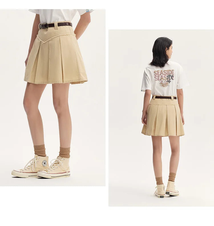 Salt & Sweet Style A-Line Mini Skirt - Summer Edgy Raw Hem Pleated Retro Skirt with Belt