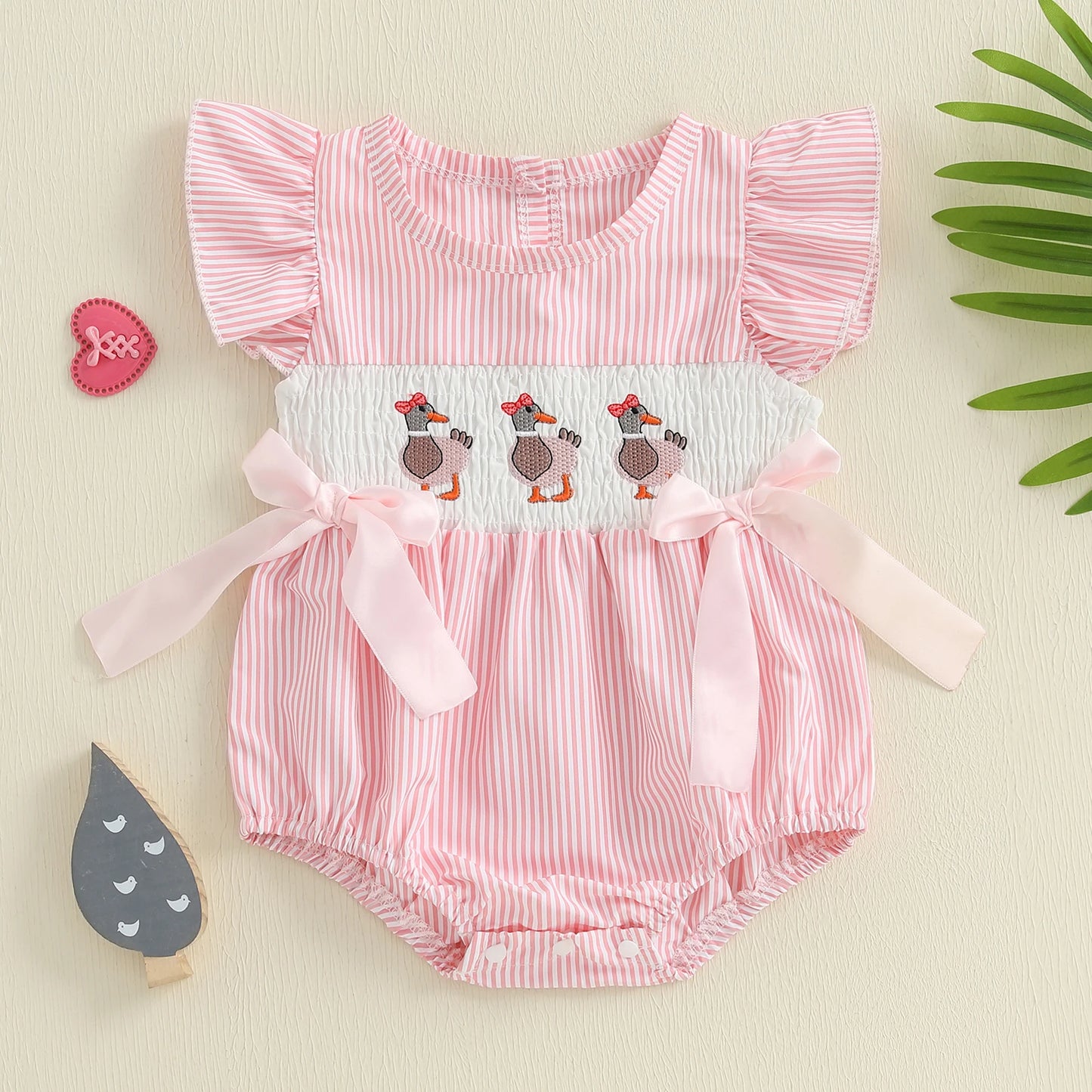 Baby Girls Striped Duck Embroidery Romper - Short Sleeve Jumpsuit with Bow (0-18M)