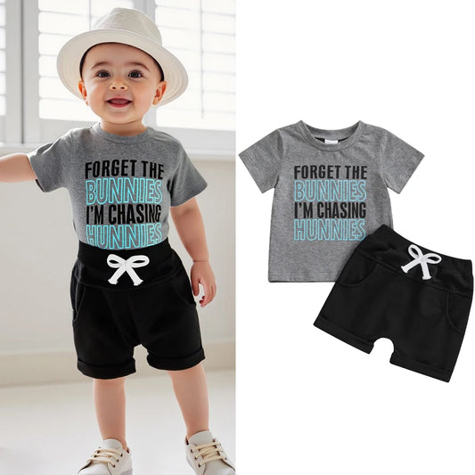 0-3Y Infant Baby Boys Easter Clothes Sets Outfit 2pcs Letter Print Short Sleeve Grey Pullover T Shirts and Shorts