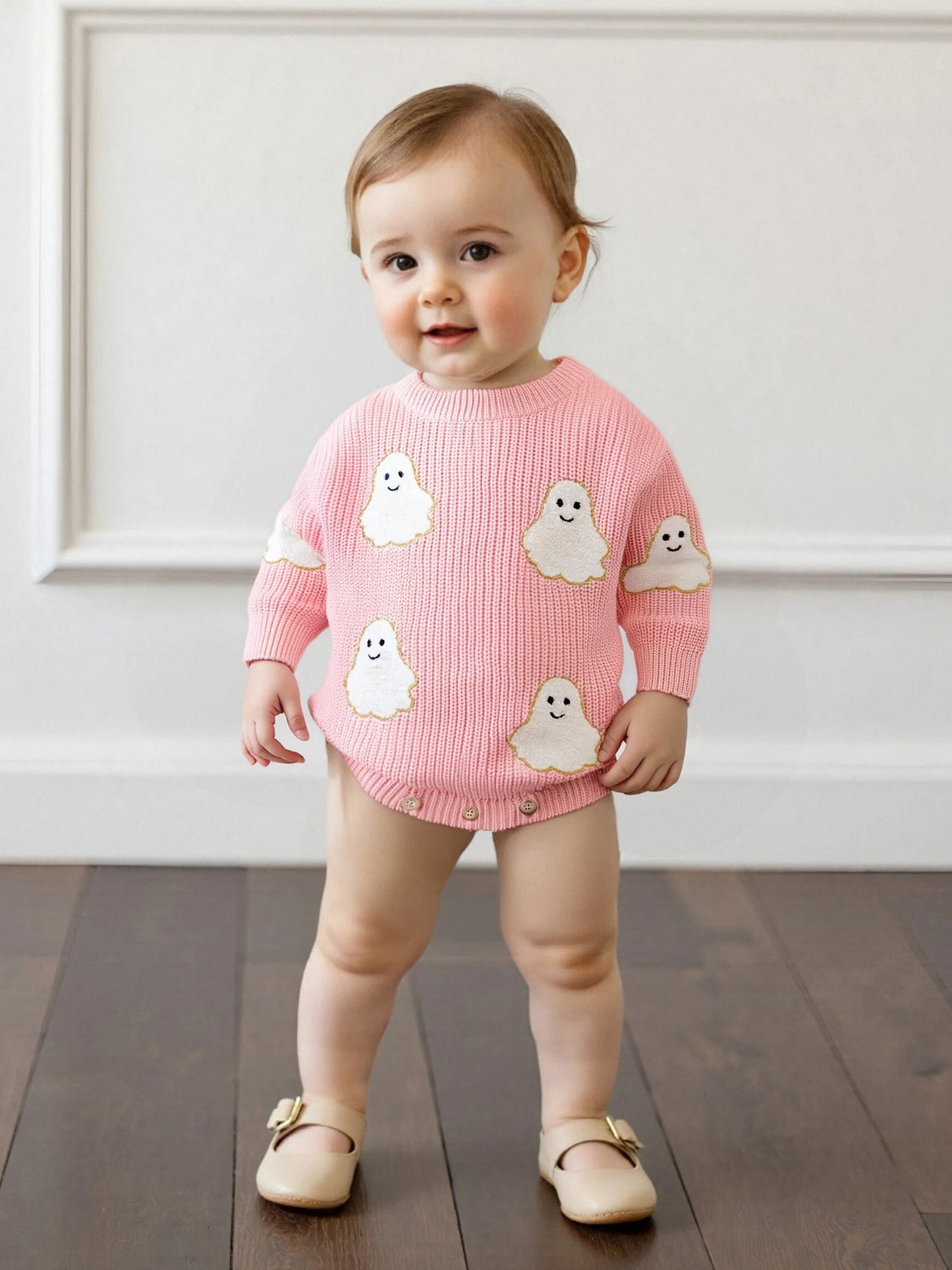 Baby Halloween Sweater Romper - Ghost Embroidery Crewneck Long Sleeve