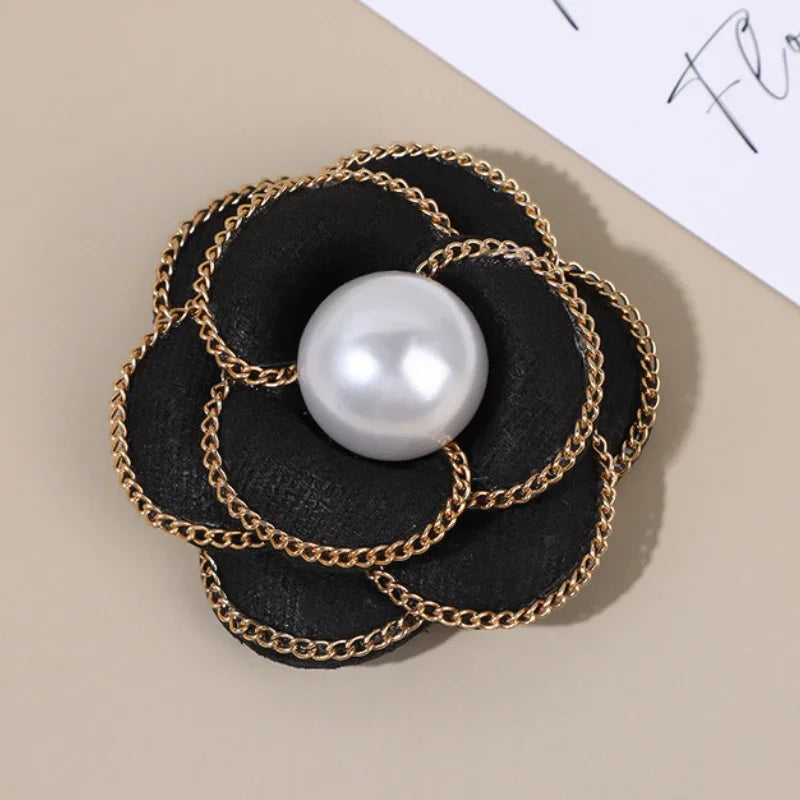 Elegant Fabric Camellia Flower Brooch - Pearl Crystal Lapel Pin for Women