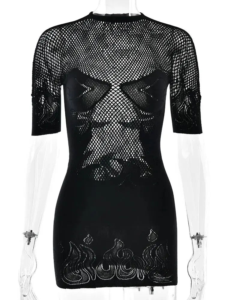 Knit Cut-Out Sheer Dress - Short Sleeve Column Party Dress and Cover Up