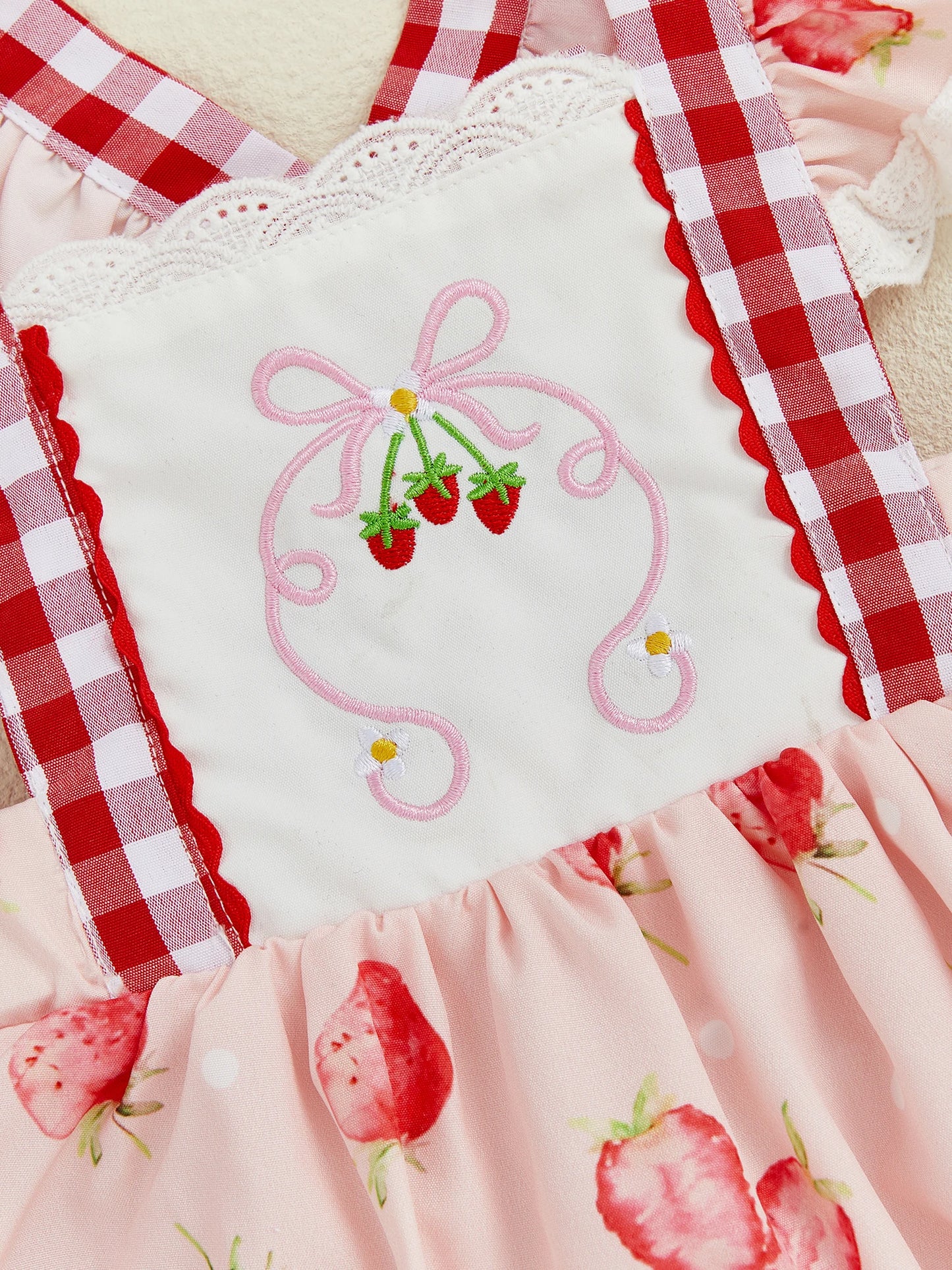 Baby Girls Strawberry Plaid Romper Dress - Flutter Sleeve Summer Jumpsuit (0-24M)