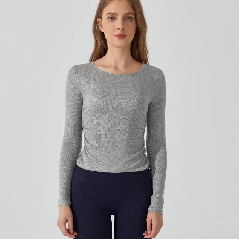 Women's Long Sleeve Yoga Shirt Slim Fit Gym Top Breathable Ribbed Gym Running Top Workout Sportswear