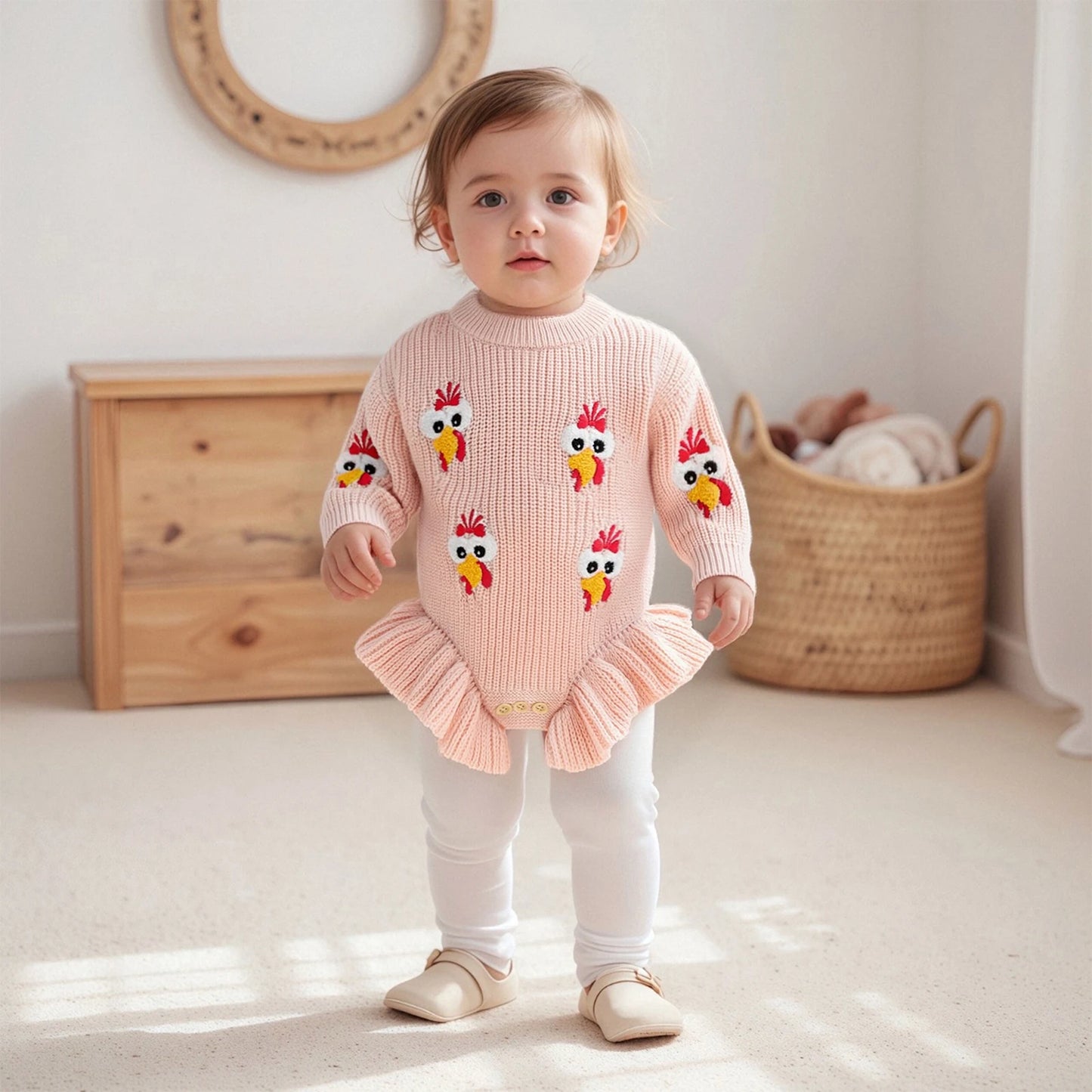 Baby Thanksgiving Knit Romper - Turkey Embroidery Long Sleeve Ruffle Bodysuit Sweater