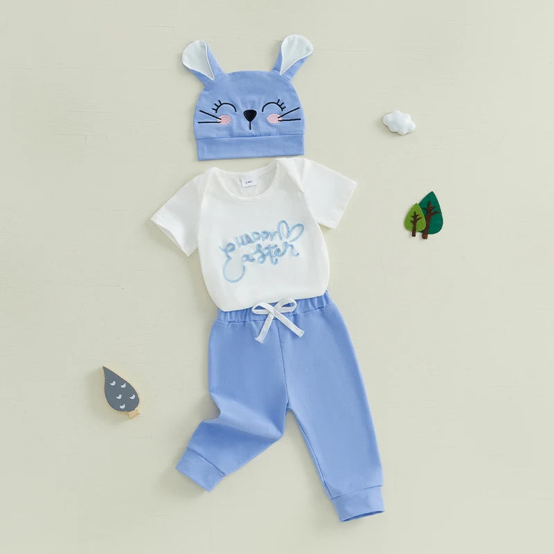 0-18M Baby Boys Girls Easter Clothes Sets 3pcs Letter Embroidery Short Sleeve Romper with Pants and Hat