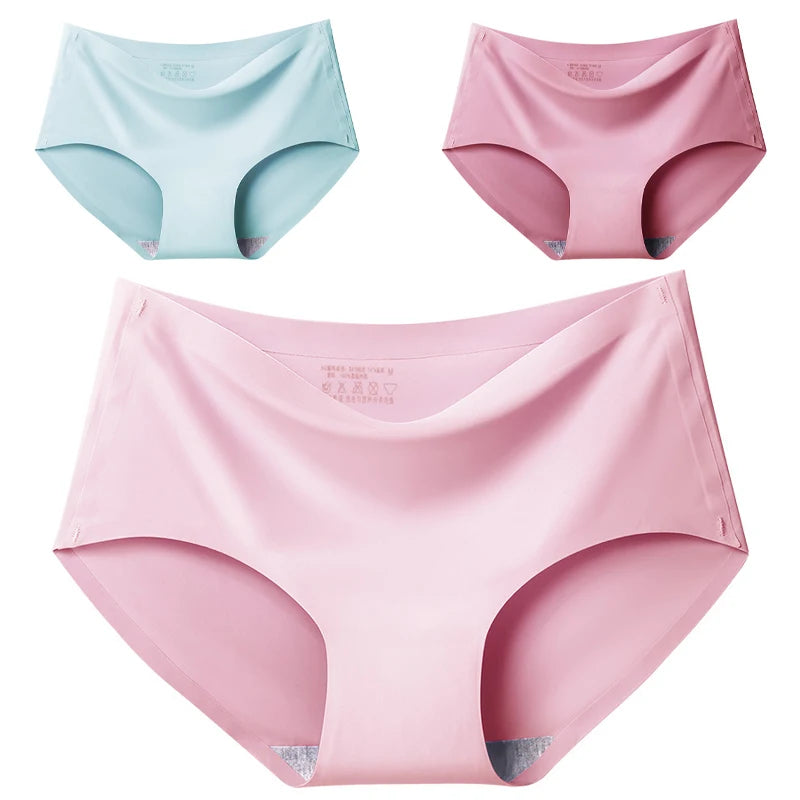 Women's 3Pcs Seamless Ice Silk Underwear Invisible Comfort Briefs Mid-waist Panties Breathable Lingerie