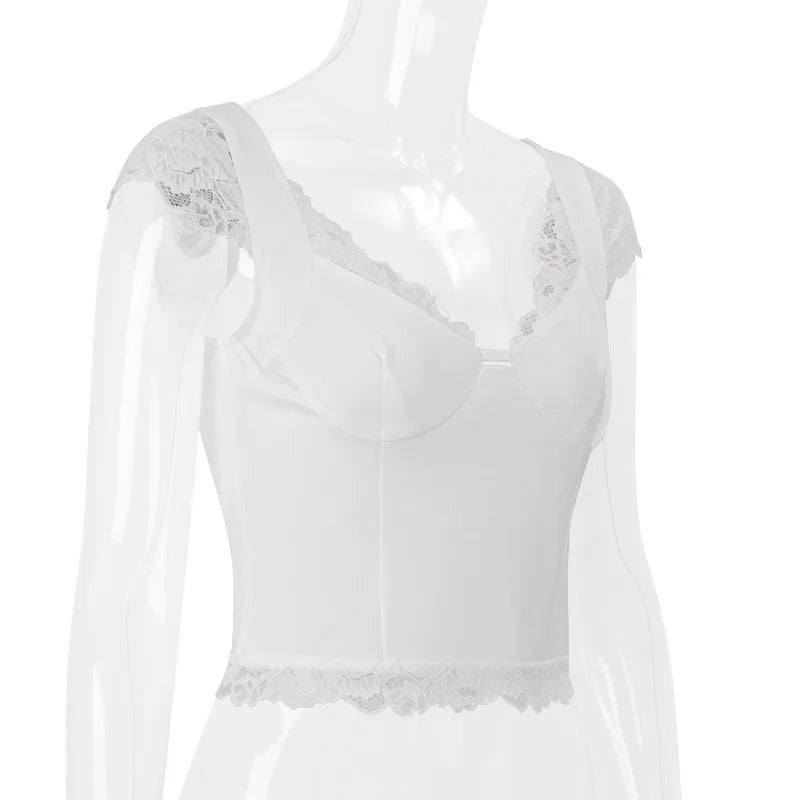 Women's Summer White Lace Trim Top V Neck Cropped Tops Solid Clothes Basic Casual T-shirt