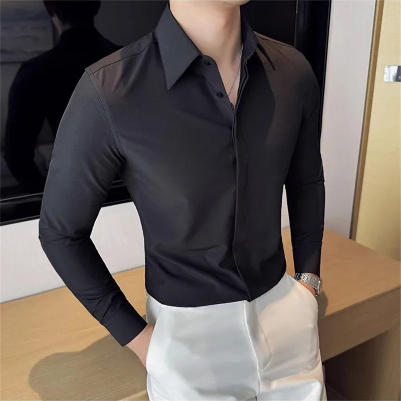Men's Solid Colour Long Sleeve Shirt - Smart Casual Slim Fit Shirt