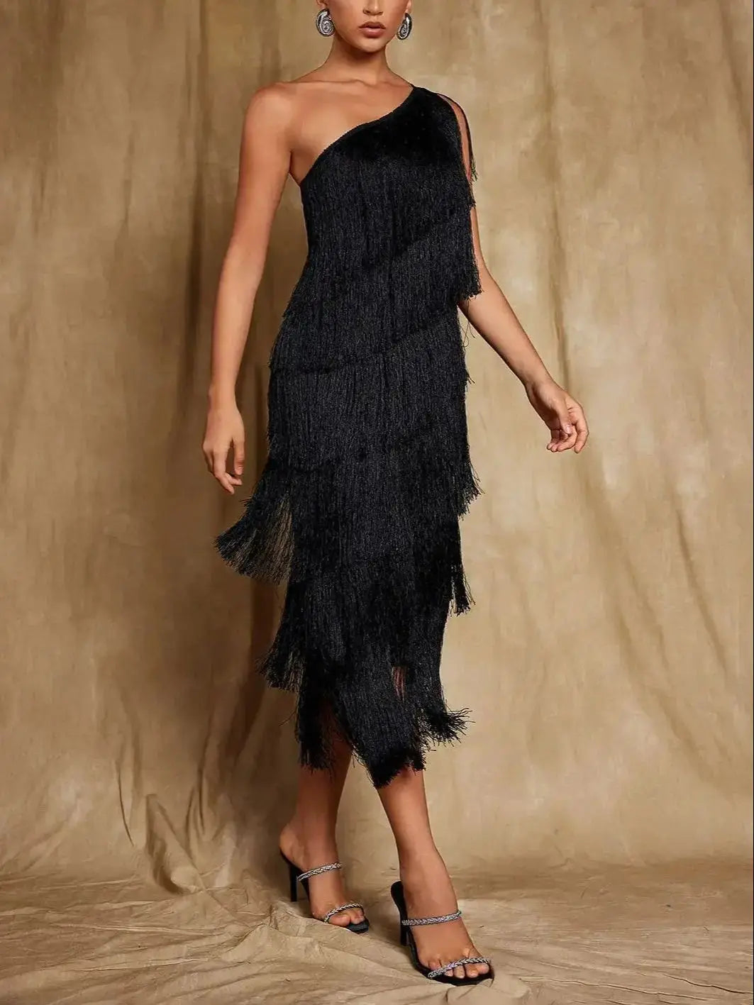 One Shoulder Fringe Midi Dress - Elegant Party Cami Dress with Asymmetric Tassel Detail
