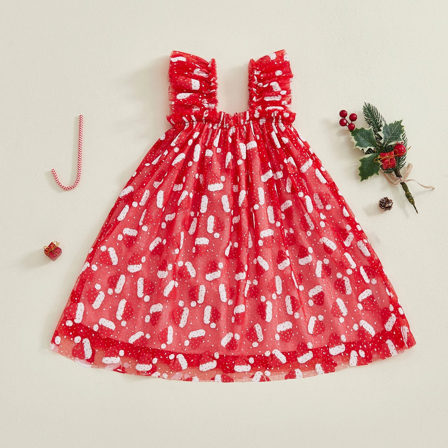 Toddler Girls' Christmas Tulle Dress - Santa Hat Print Sleeveless A-Line Party Dress