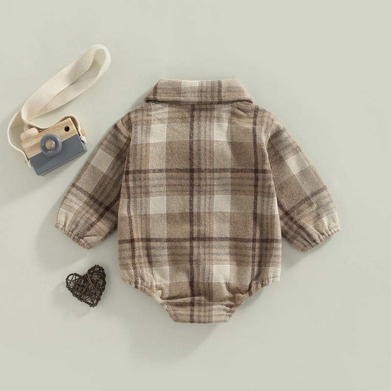 0-24M Infant Baby Boys Gentlemen Romper - Long Sleeve Turn Down Collar Plaid Printed Jumpsuit