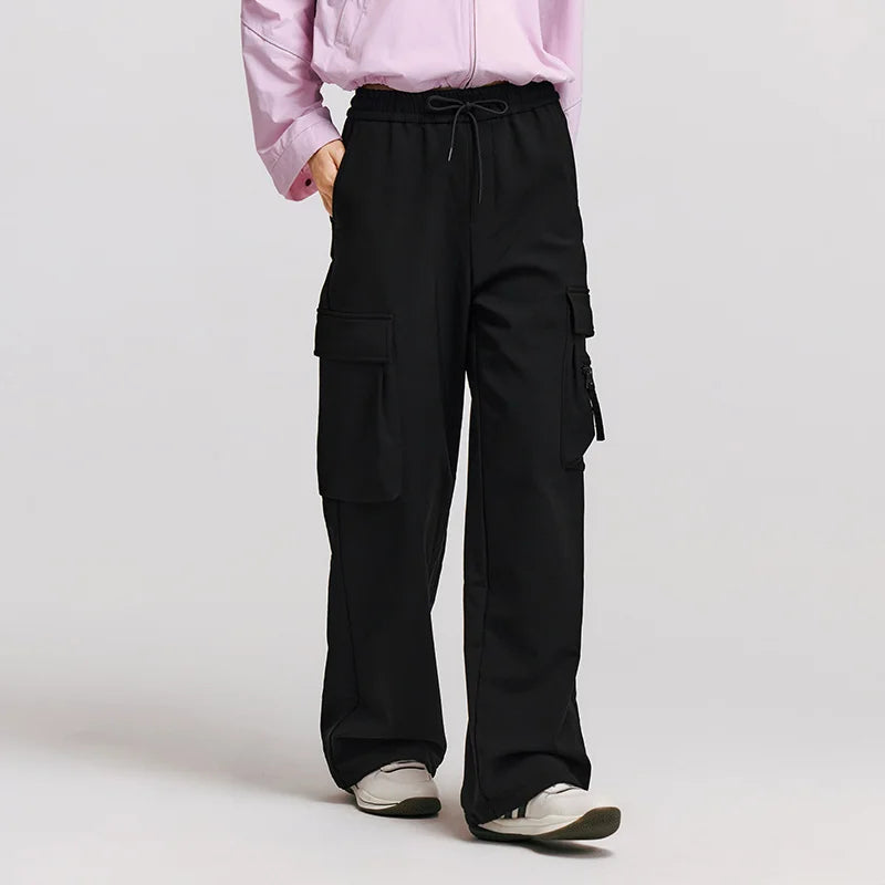 Winter Women's Fleece Wide Leg Pants - Black Cargo Streetwear Casual