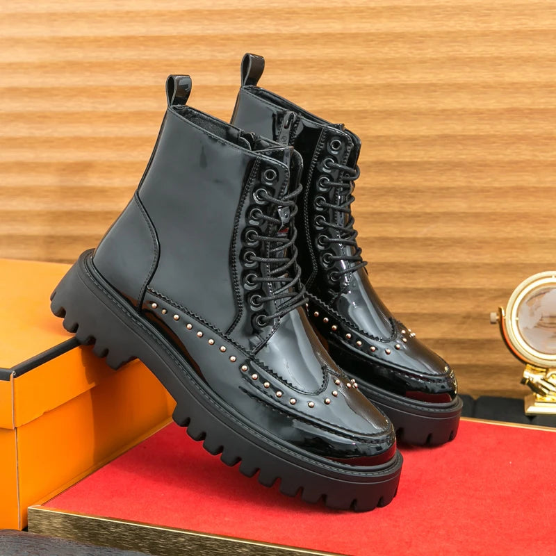 Platform Leather Boots - Men's Motorcycle Style Thick Sole Dress Sneakers