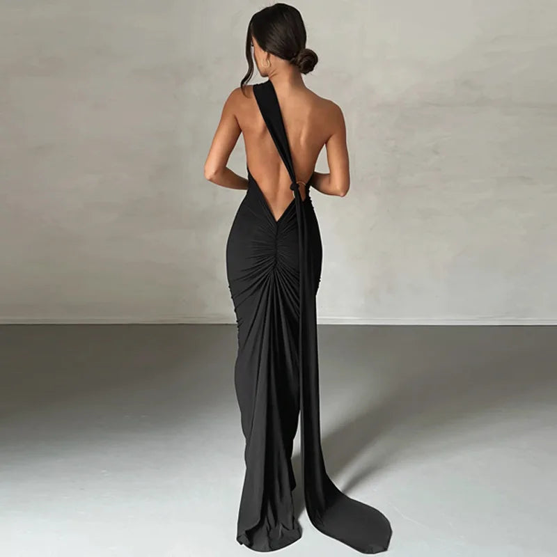 Women's Backless Irregular Maxi Ruched Long Sleeveless Dress